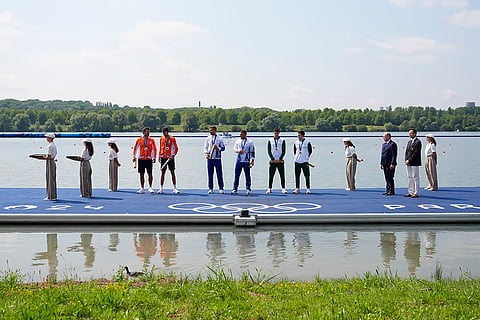 Medals ceremony for the men's double sculls final at Paris Olympics 2024